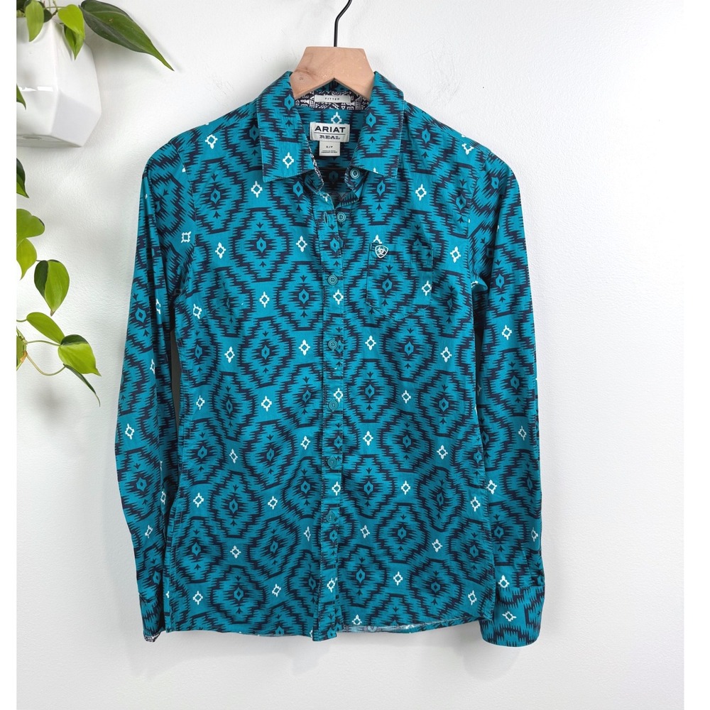 Ariat Real Kirby Stretch Shirt Womens Small Teal Southwestern Geometric Western